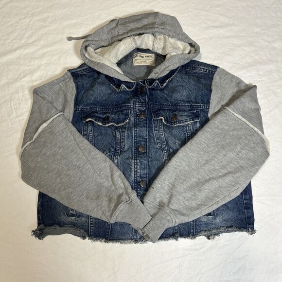 Free People Jean Jacket Womens S Denim Knit Sleeves & Hooded Distressed Grunge - Picture 1 of 14
